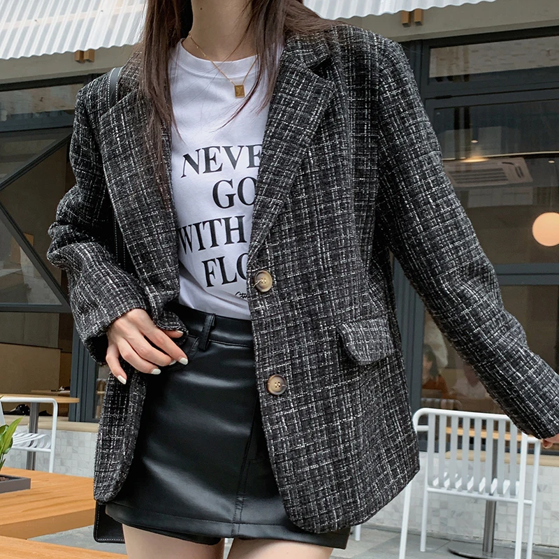 

Women's British Style Tweed Black Plaid Long Sleeve Blazer Coat Spring Autumn Chic Fashion Female Single Breasted Loose Jacket