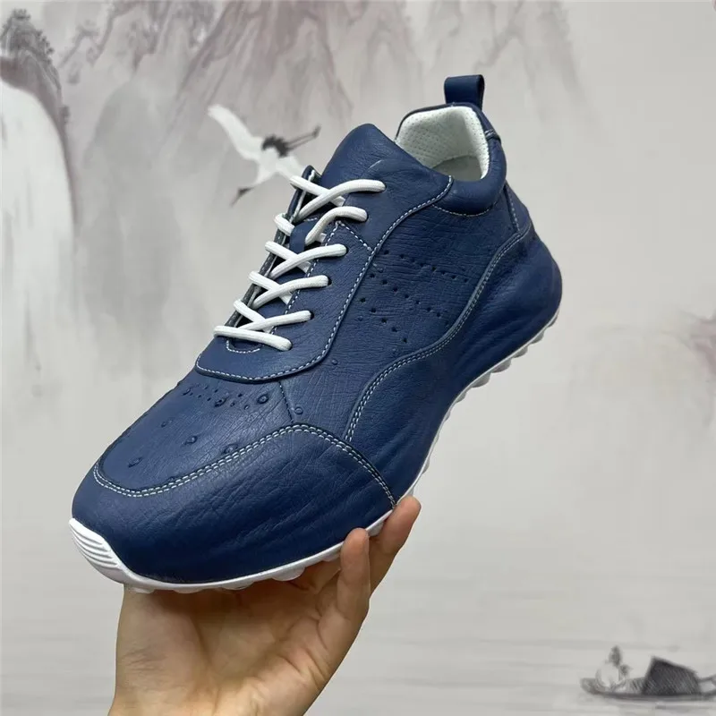 

Authentic Real True Ostrich Skin Men Casual Blue Color Sneakers Exotic Genuine Leather Lace-up High top Male Flats Outdoor Shoes