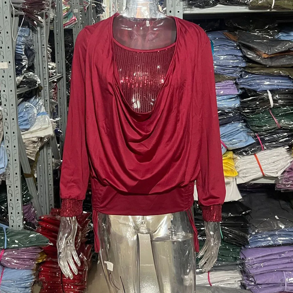 Sequined Patchwork Long Sleeve Loose Fit Women Tshirt