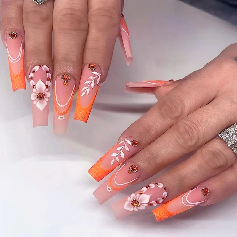 

3D fake nails accessories long french coffin tips strobe orange flowers with glitter diamond faux ongles press on false nail set