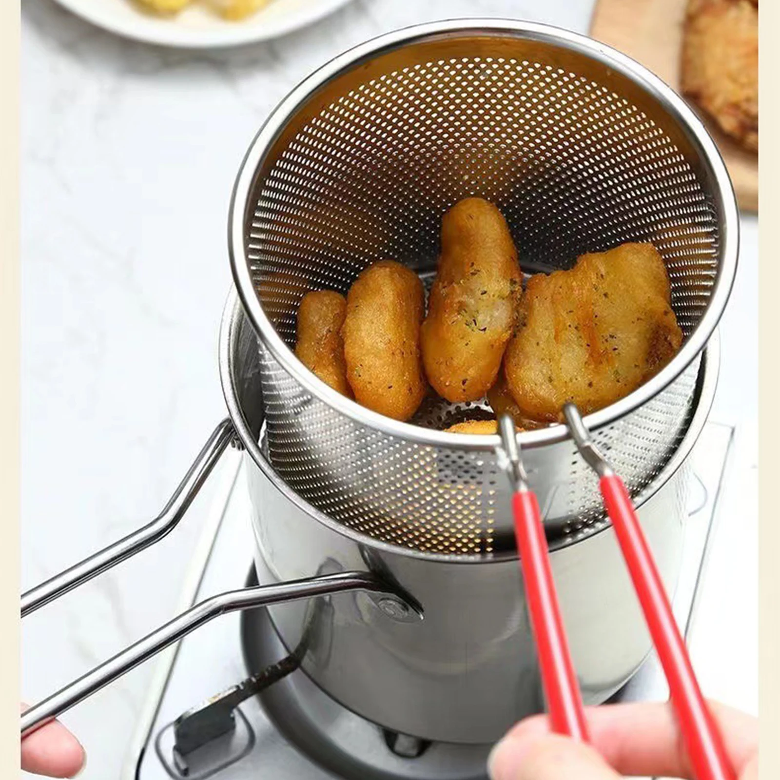 Portable Deep Frying Pot Deep Frying Tempura French Fries Fryer With Strainer Basket Small Pot for Kitchen Party Cooking