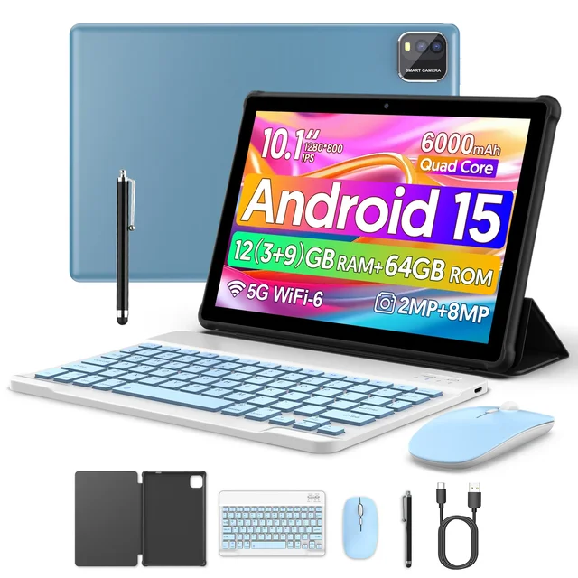 BAKEN 10-inch tablet with SIM card slot, Android 15, Wi-Fi, GPS, Bluetooth, 64GB storage, dual speakers, USB-C port