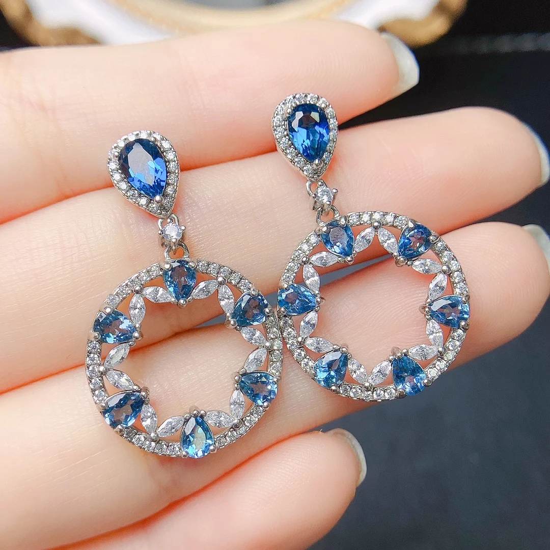 FS S925 스털링 실버 상감 4*6 천연 토파즈 귀걸이, 인증서 포함, 파인 참 패션 웨딩 주얼리, MeiBaPJ