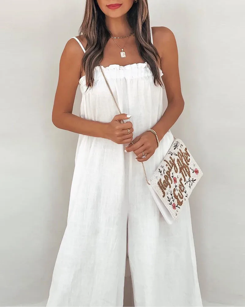 

Women's Jumpsuit White Casual Long Temperament Solid Color Loose Pullover Pleated Wooden Ear Elastic Sling Sleeveless Jumpsuit