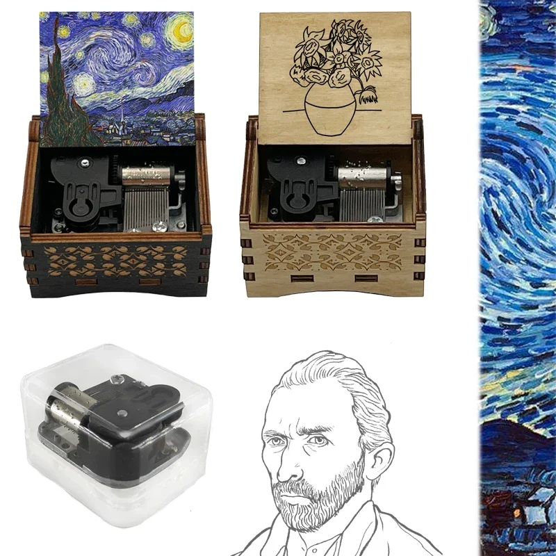 Color Printed Wooden Starry Starry Night Wind Up Music Box 18 Note Mechanical Movement Movie Fans Birthday Cute Souvenir Gifts
