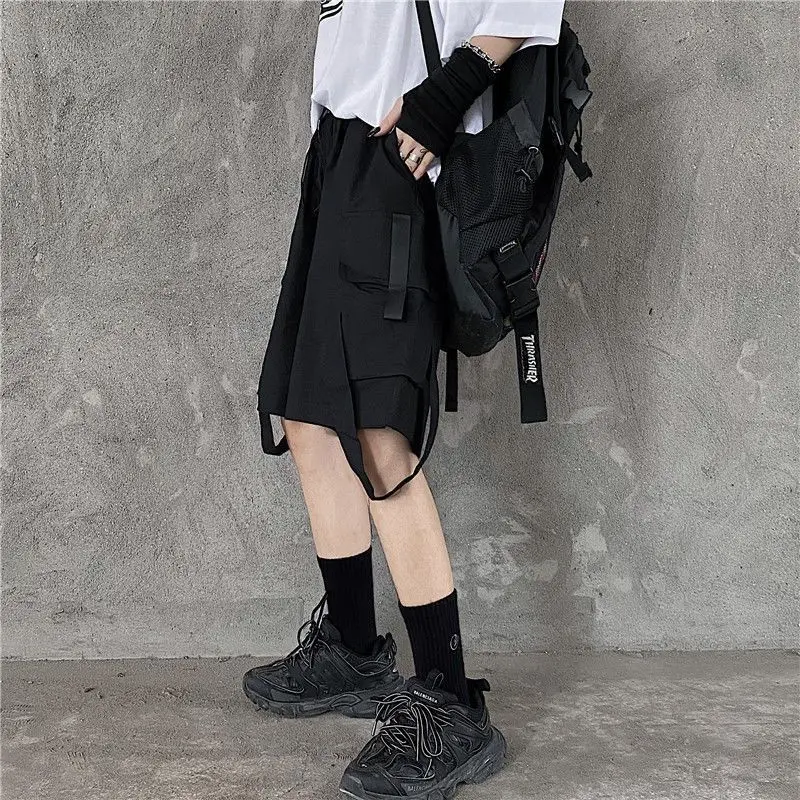 Unisex Cargo Safari Style Shorts Men Ribbon CP Summer Streetwear Knee Length Loose Capris Male Jazz Dance Y2K Ins Vibe Shorts