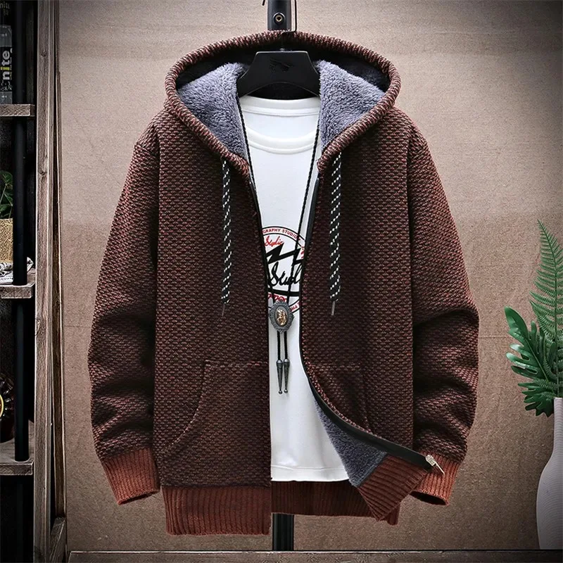 

Winter Fleece Sweatercoat Men Thick Warm Hooded Kintted Mens Sweater Cardigan Solid Casual Knitting Jacket Coat Male Clothing