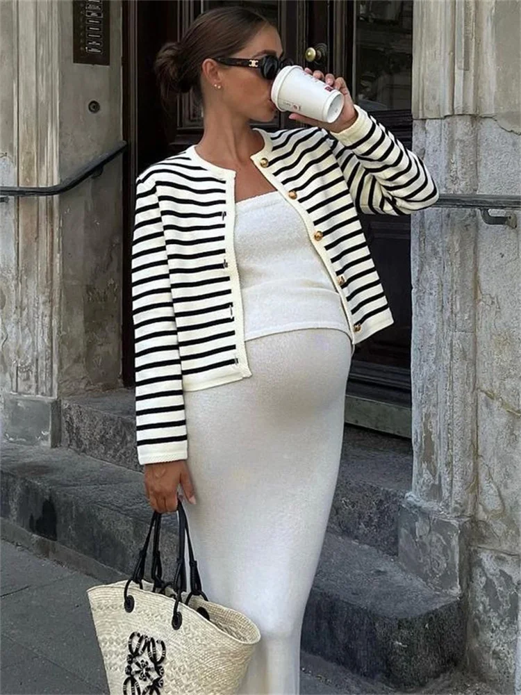 Suéter de punto a rayas, cárdigan, abrigo para mujer, suelto, de manga larga, a la moda, ajustado, con parches en contraste, prendas de vestir exteriores, abrigo de punto de verano