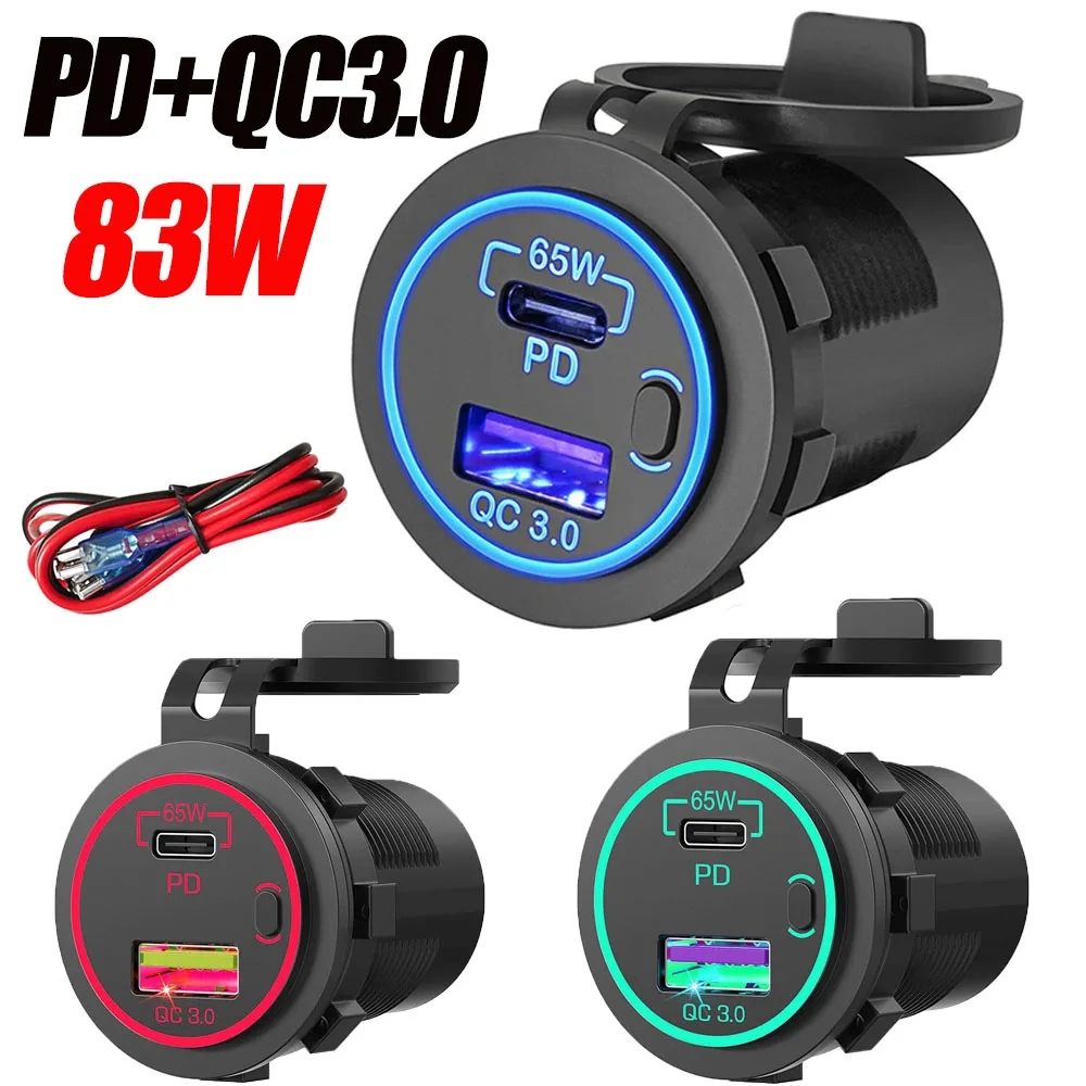 83W PD Car Charger 12V 24V USB Outlet Laptop Motorcycle USBC PD QC 3.0
