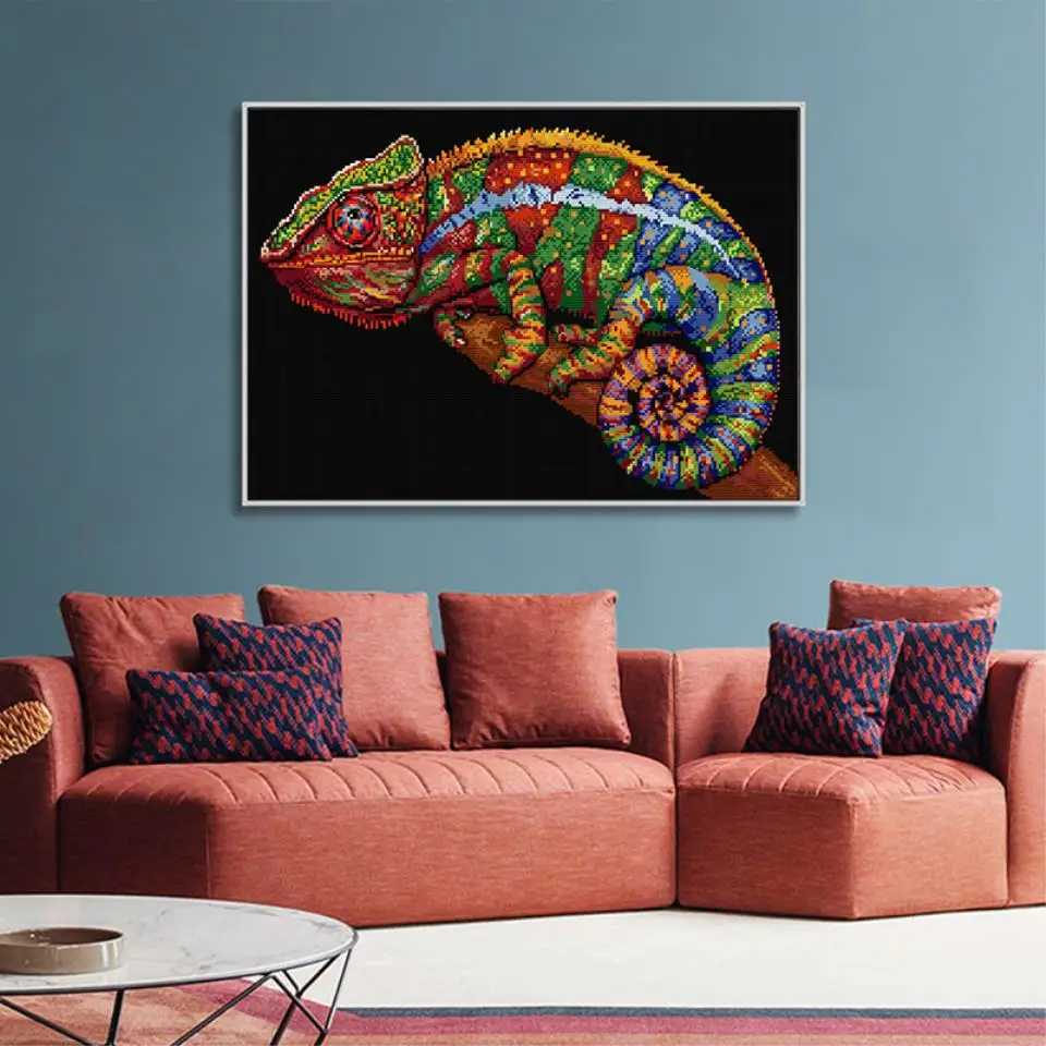 Embroidery Thread Cross Stitch Kit Embroidery Fabric Joy Sunday Cross Stitch Kit DIY Chameleon Animal Pattern 16CT 11CT Count Printed Canvas Fabric Embroidery Sewing Art Home Decor