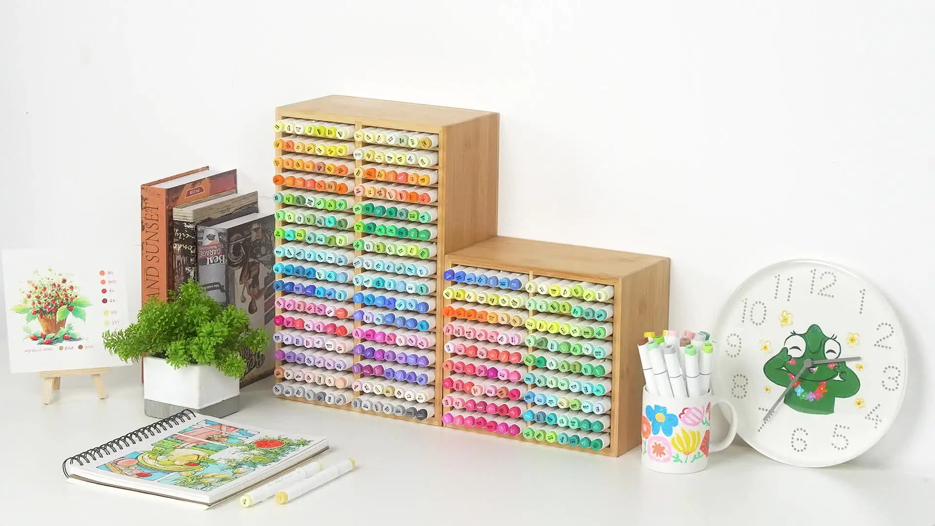 Ohuhu 竹マーカーオーガナイザー木製デスクトップストレージホールド