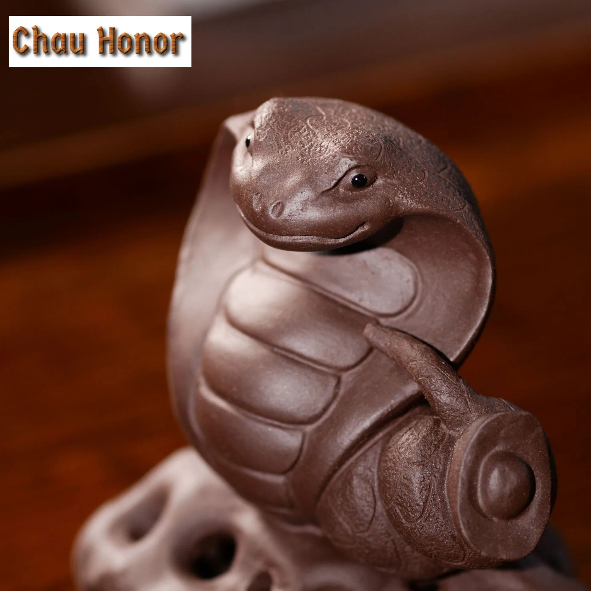 Chinese Purple Clay Tea Pet Handmade Zodiac Snake Sculpture Animal Ornaments Statue Treasure Cobra Decor Tea Figurine Tea Set