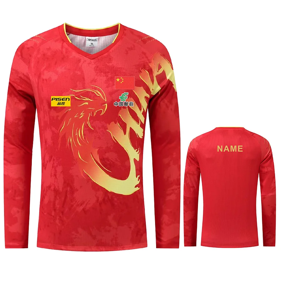 Text CHINA Wang C.Q. Dragon Championship Table Tennis long sleeved shirts for Men Women Children ping pong tshirt