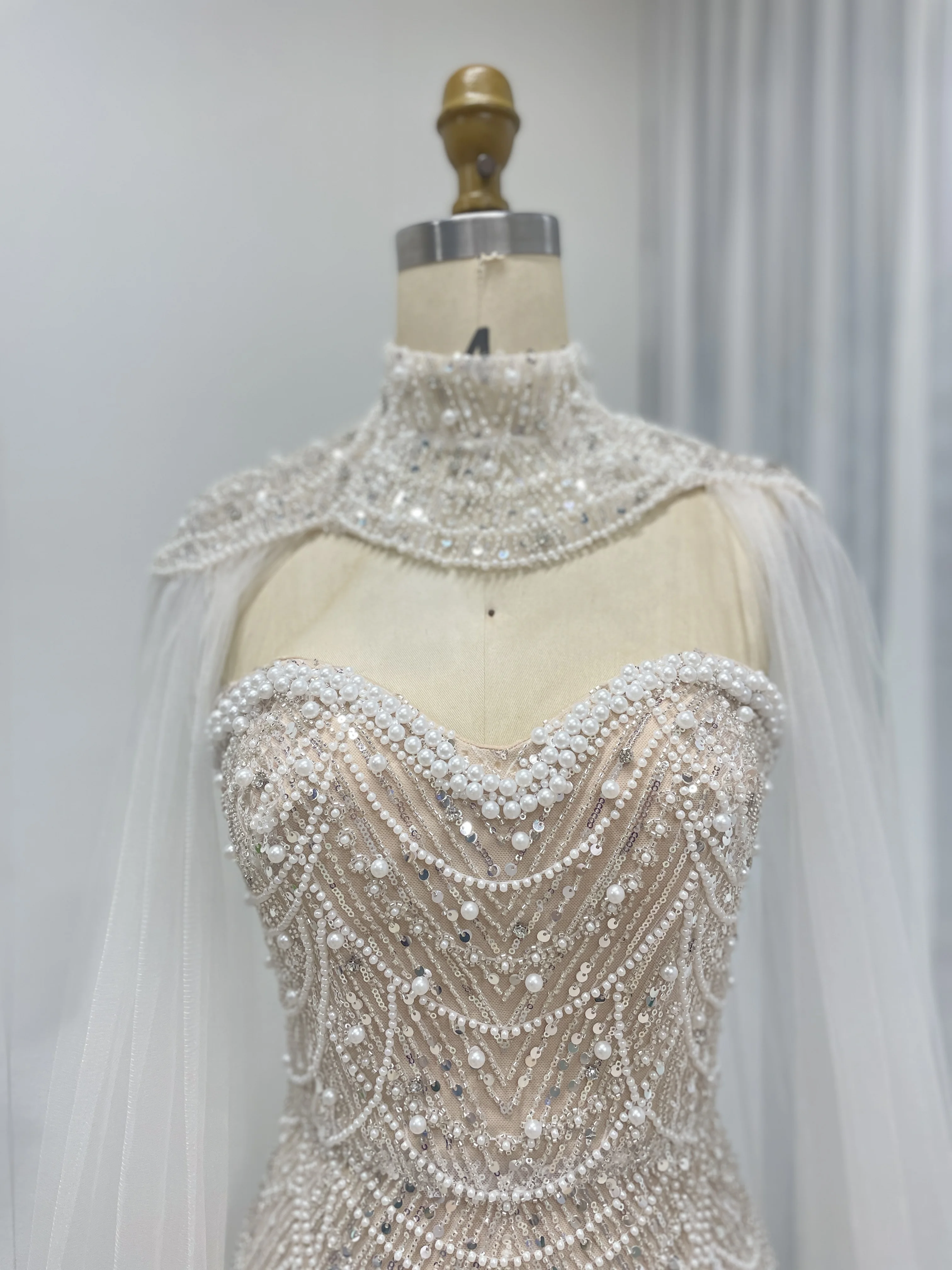 MYMB Luxus Dubai Arabisch Nude Perlen Meerjungfrau Abendkleid Mit Cape Sleeve für Frauen Hochzeit Arabisch Braut Party Kleider MB40368 – Detail 7