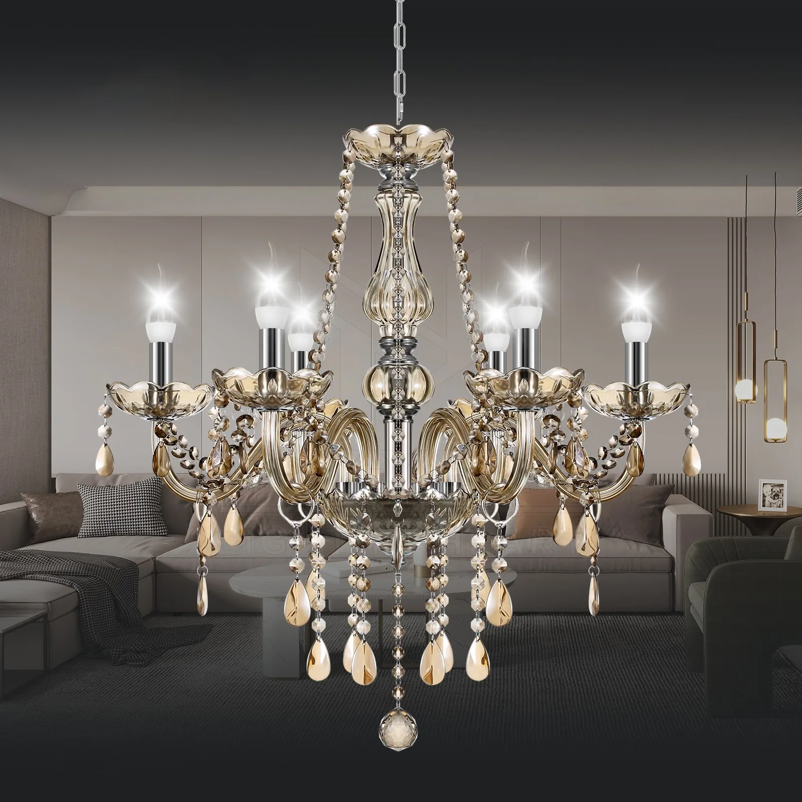

Cognac/Gold/Clear Chandelier Crystal K5 Chandelier Pendant 6-arm Modern Ceiling Light With Adjust Chain For Living Room Bedroom