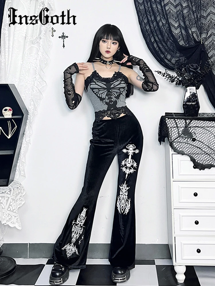 

InsGoth Gothic Velvet Printed Flare Leg Palazzo Long Pants Women's Retro Elastic Waist Floral Print Grunge Bell Bottom Trousers