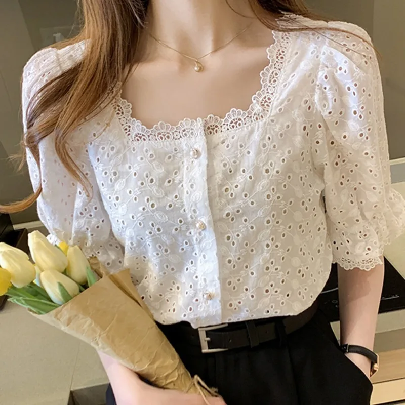 New Fashion Square Neck Lace Women's Button Shirt Hollow Short Sleeve Petal Sleeve Elegant Solid Color Women's Top 13934