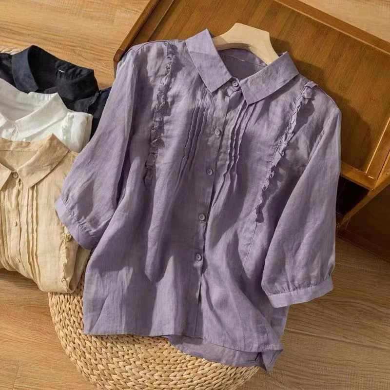 

Seven-point sleeve cotton linen shirt summer new fashion literary retro chic elegant commuter pleated thin casual tops D296