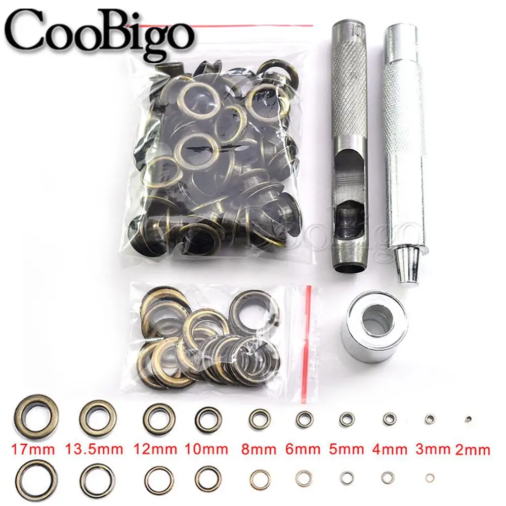 Antique Brass Metal Grommet Eyelets 200sets With Hole Punch Tool DIY Leather Craft Shoes Bag Clothing Belt Accessories 2mm-17mm