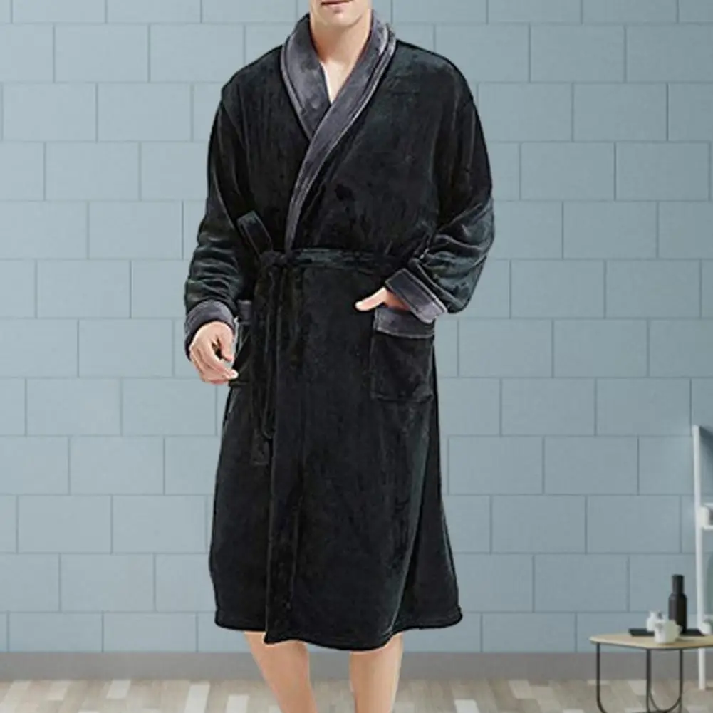 

Mid-length Nightgown Men's Thick Plush Coral Fleece Winter Nightgown with Long Sleeve Tie Waist Pockets Great for Sleepwear