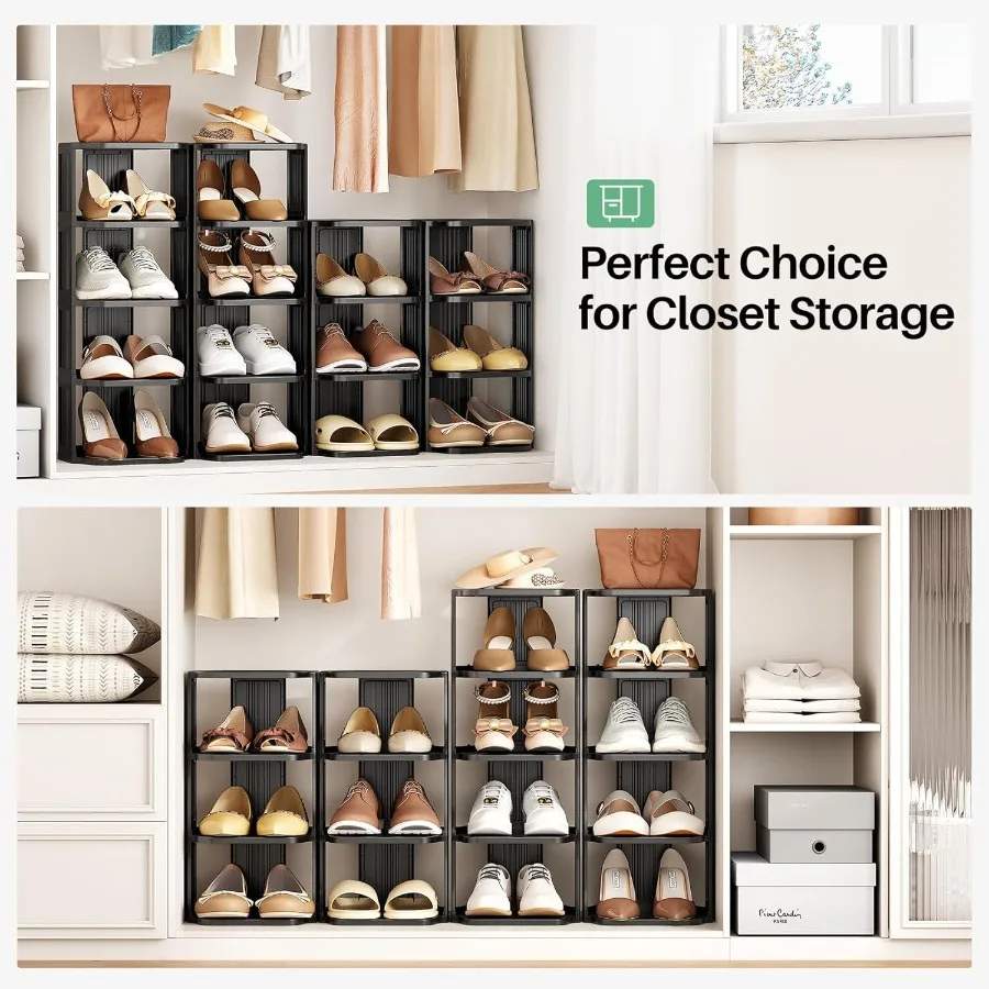 Stackable 16Tier Shoe Rack for Closet Entrance Tall Narrow Vertical Shoe Stand Plastic Free Standing Ideal for Small Spaces