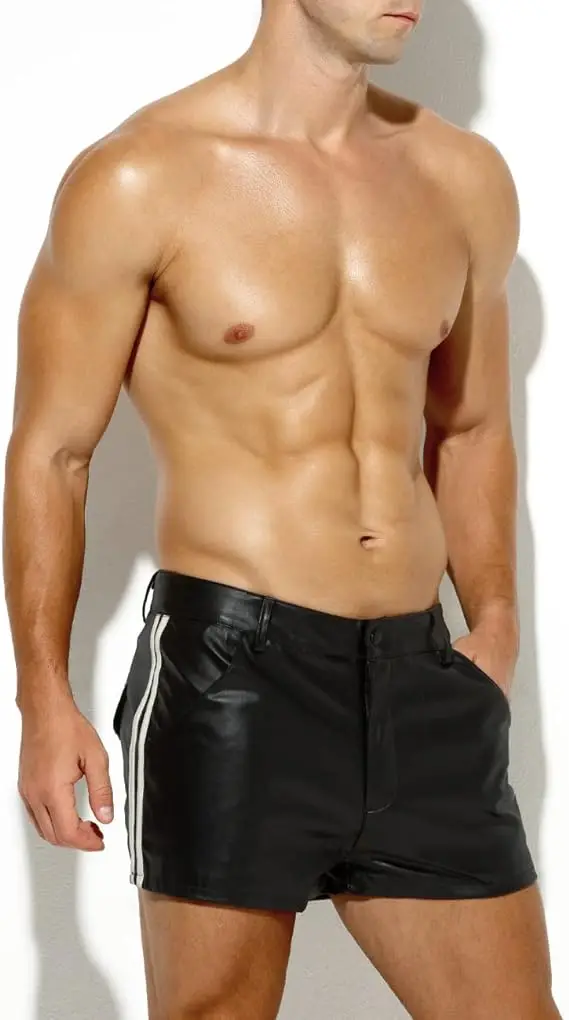 Arjen Kroos Men's PU Leather Shorts Sexy Rave Hot Short Pants with Pockets 2