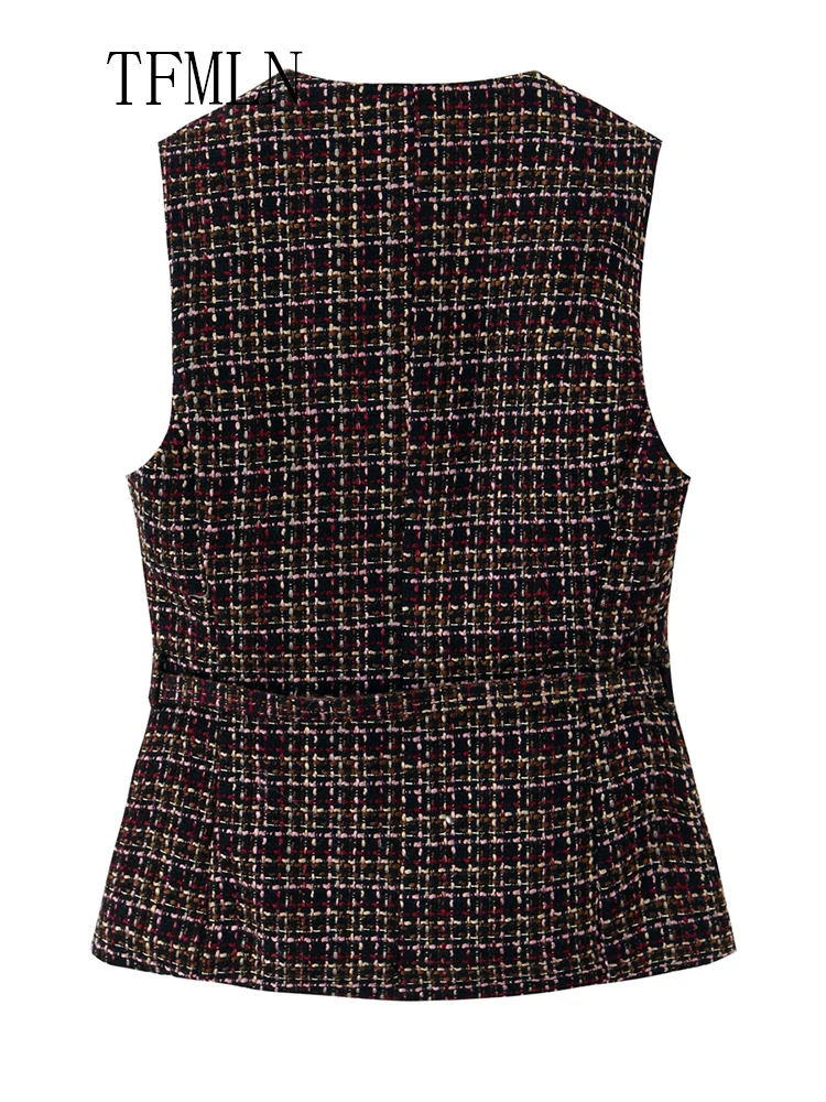 Fashion Women Sleeveless Tweed Texture Vest Casual Slim Waistcoat Women Button Pockets With Belt Chic Top Single Breasted Coats