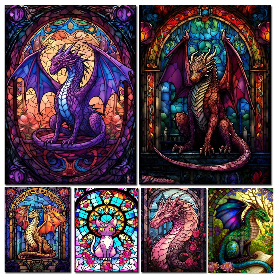 DIY 5D Diamond Painting Stained Glass Rose Dragon Fantasy Animal Full Drill Handwork Embroidery Diamond Mosaic Wall Sticker