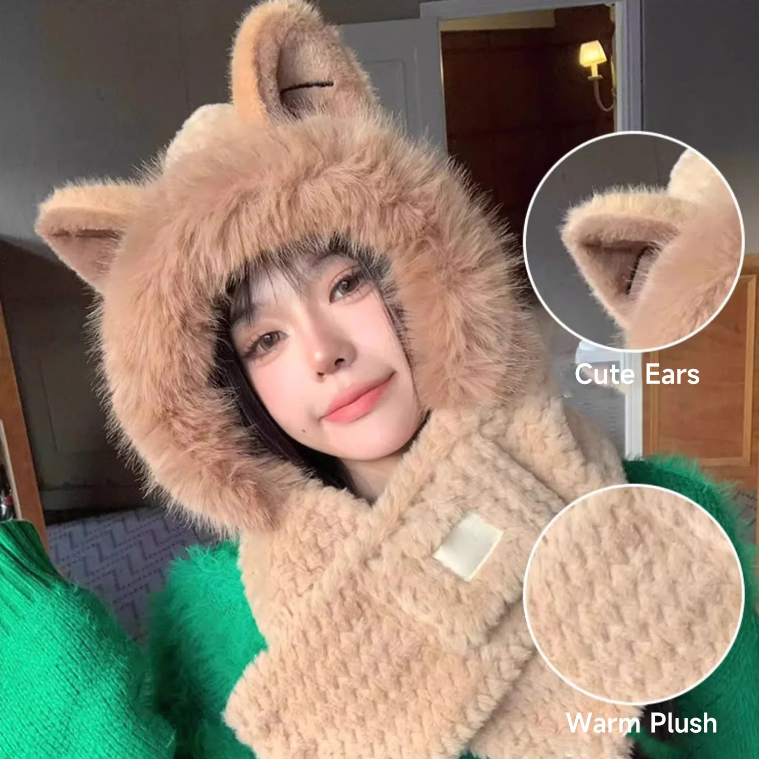 Cute Fluffy Fox Warm Plush Hat Scarf All-in-one Women's Pullover Hat Autumn Winter Cold Windproof Ear Wamer Protection Hats