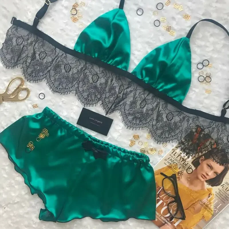 Women Pajamas Set Underwear Sexy Silk Satin Lingerie Crop Tops Bralette&Panty Sets Soft Wear for Girls Tops Briefs Lace Suit