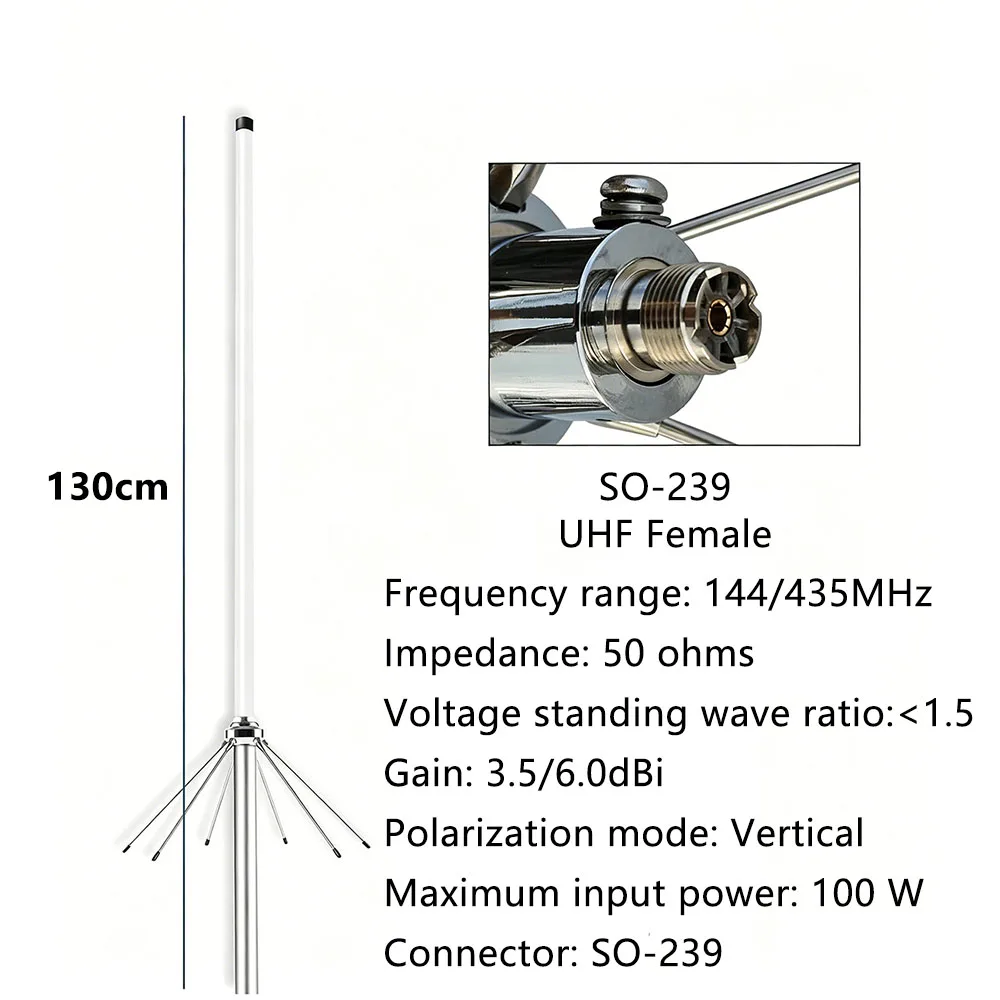 144/435MHz UV VHF UHF 듀얼 밴드 FRP 안테나 실외 지상 방사형 로드 HAM 라디오 안테나 브래킷 고정 3.5/6dbi SO-239 UHF-K