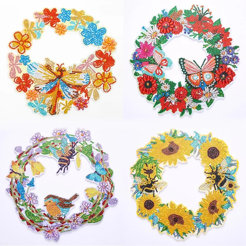 

4PCS 5D Diamond Paintings Kits Insect Animals Bee Dragonfly Butterfly Bird Wreath Set For Adults Kids Beginners