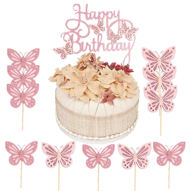 13Pcs Pink Butterfly Happy Birthday Cake Topper Kids Girl 1st ...