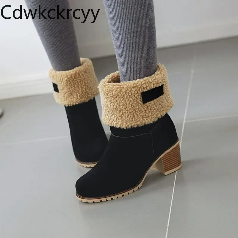 

winter The New fashion Round head Thick heel boots black Plus velvet Keep warm High heel Women boots plush size 34-43 high 6cm