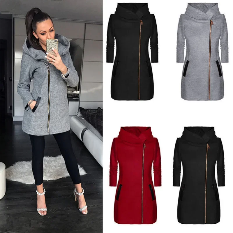 2022 New Womens Winter Jacket Coat Fashion Women Zipper Mid-Length Coat for Spring Fall Solid Color Long Sleeve Hooded Coat 2020 autumn winter plus size fashion women coat solid color zip up long sleeve hooded jacket coat outerwear long section