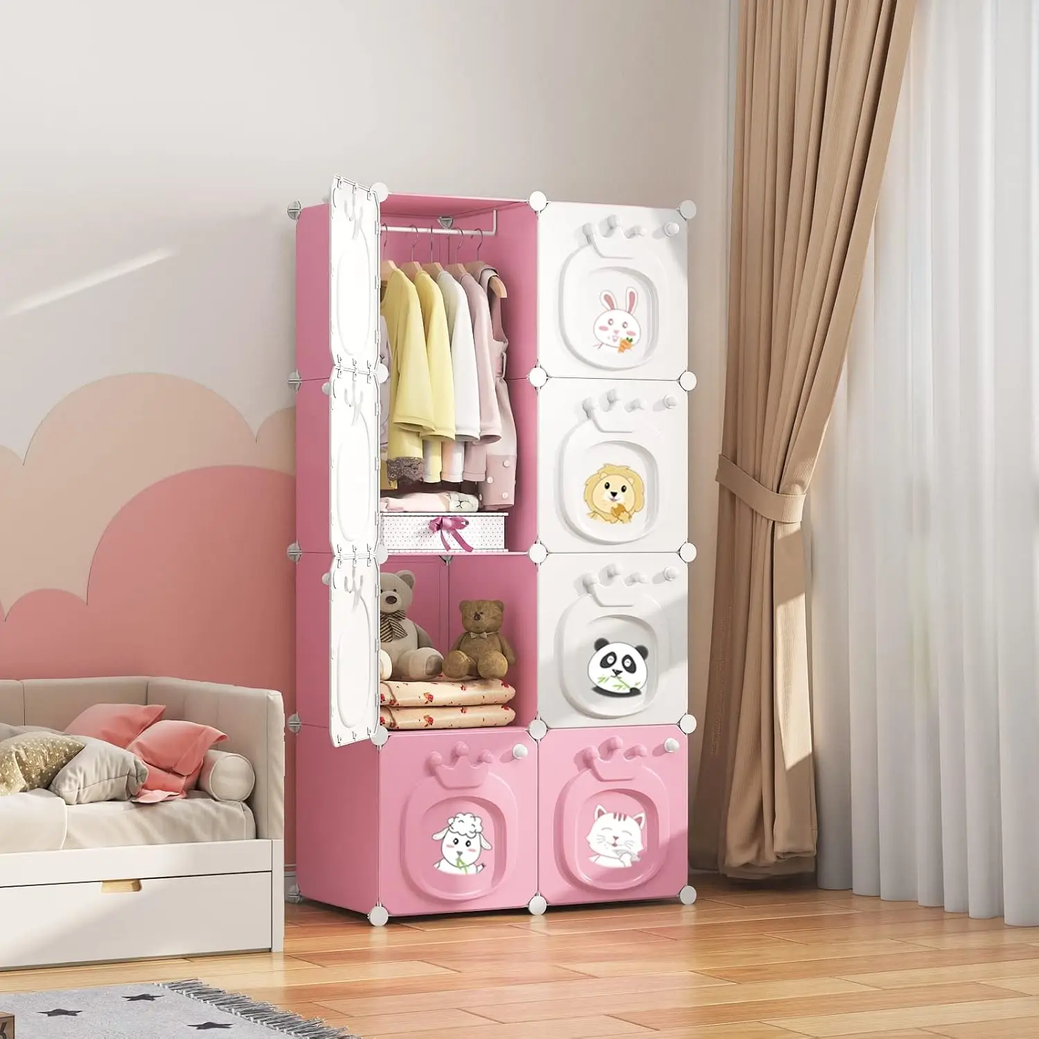 Kids Wardrobe Closet,Baby Girl Closet Cabinet with Door,The Open Hanging Children Costume Area and 6 Cube Stroage. The First