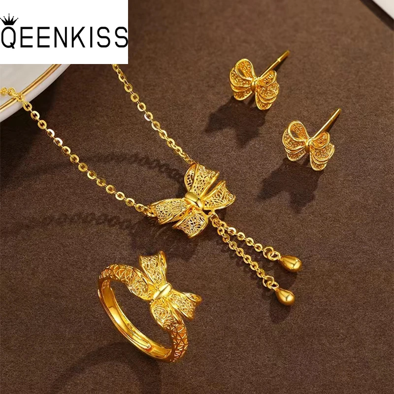 

QEENKISS 24KT Gold Bowknot Jewelry Set For Women Bow Tie Necklace+Ring+Stud Earrings Fine Wholesale Jewelry Wedding Gift JS534