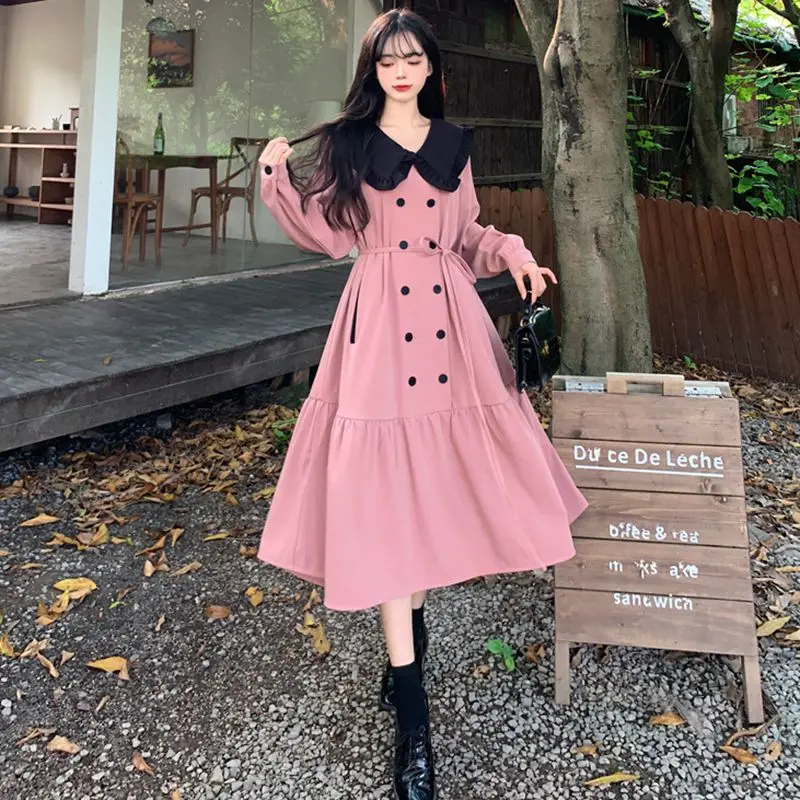 

2023 Contrast Temperament Patch Pocket Elegant Fishtail Dress Autumn Long Sleeve Sweet Pink Lapel Large Free Shipping