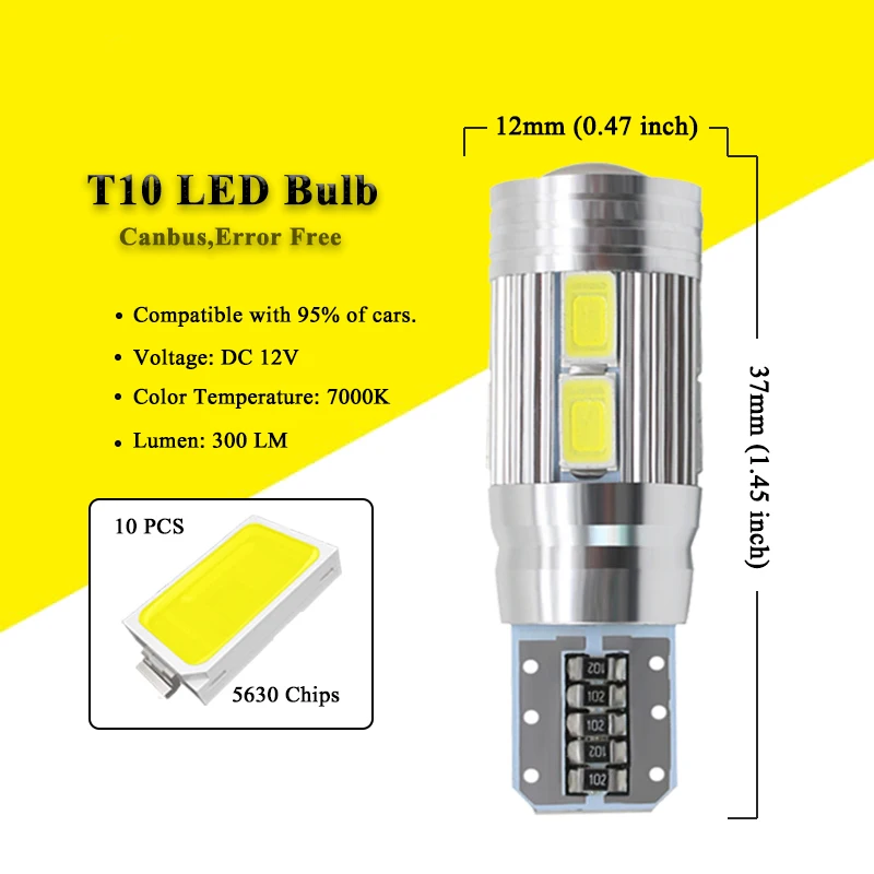 T10 LED 전구 Canbus 오류 없음 W5W LED 신호등, 12V 5630 10SMD 7000K 흰색 자동차 웨지 사이드 트렁크 번호판 램프, 2 개