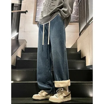 Winter Thermal Men Snow Warm Plush Jeans Male Baggy Solid Casual Denim Pants Classic Simple Straight Leg Thicken Denim Trouser 1