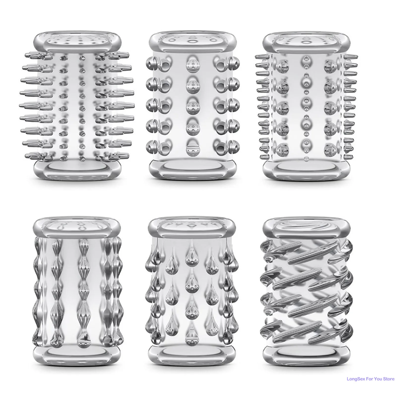 6PCS Transparent Penis Sleeve Condom Sex Toy for Men Erection Enlargemt Reusable Delay Cock Ring Stimulate Couple Adult Supplies