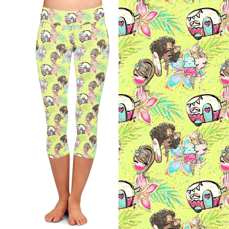 LETSFIND Camping Car and Cute Girl Print Fitness Pants Women Capris Leggings Summer High Waist Soft Skin Leggins