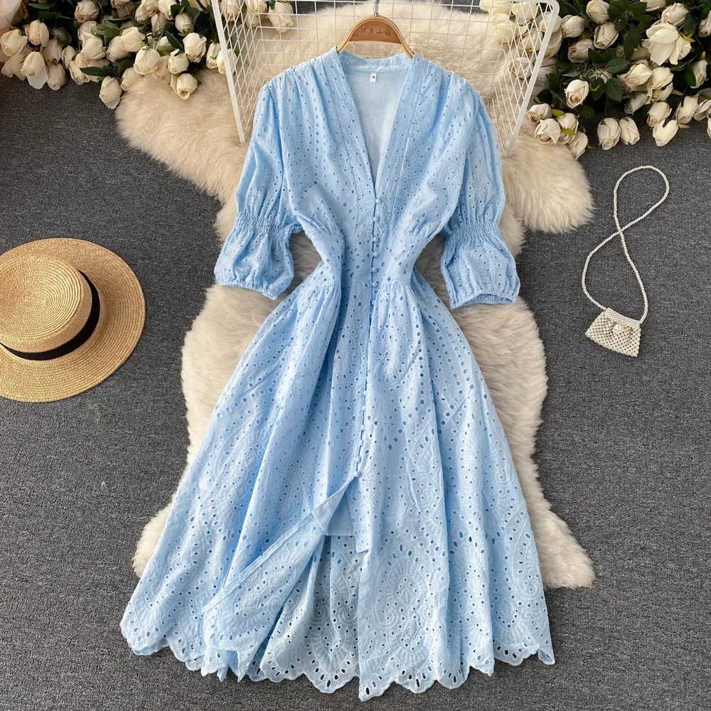 

Frech Style Summer Puff Sleeve Long Dress For Women Chic Streetwear V Neck Single Breasted A Line Dress Lady Sweet Vestidos