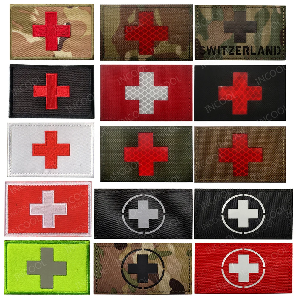 Swiss Flag Switzerland National Flags Embroidered Tactical Army Military Reflective Patches Chevron Strip 3D Badges Glow In Dark