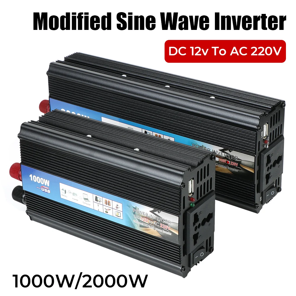 Power Inverter Univesal 1000W 2000W Modified sine wave inverter DC 12v To AC 220V Car Voltage Converter with USB Charger Car converter, power inverter converter