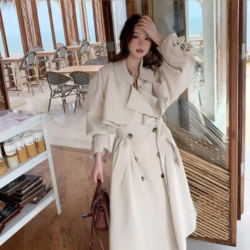 

Korea Loose Oversize Double-Breasted Long Trench Coat Women White Black Duster Windbreaker Lady Outerwear Spring Clothes