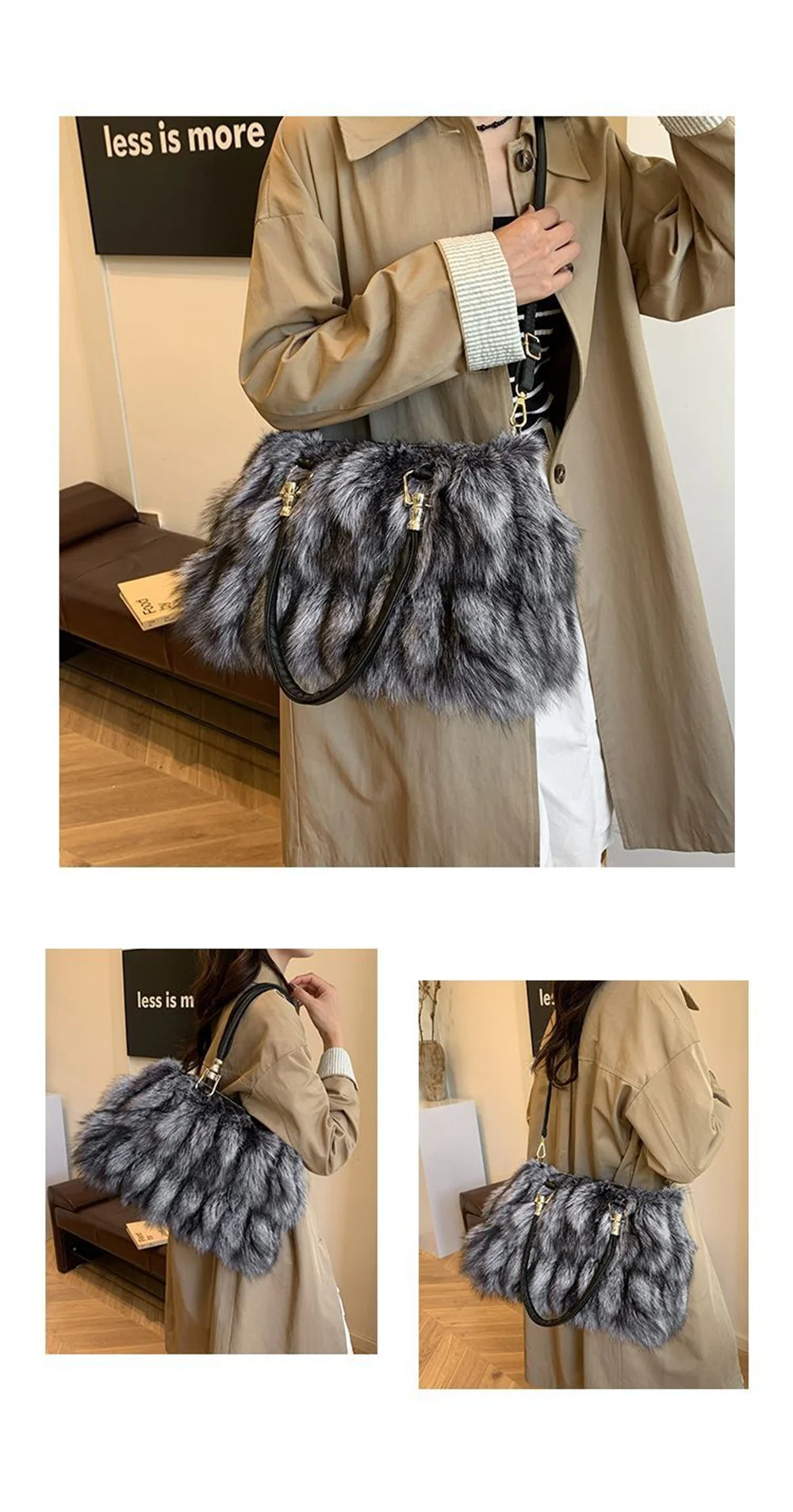 Lässige Echtleder-Fuchsfell-Tragetaschen für Damen, Große Kapazität Schultertaschen für Frauen 2026 Neue Luxus-Mode Flauschige Handtaschen – Detail 6