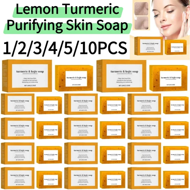 Savon Purifiant Citron Curcuma 1/2/3/4/5/10 Pièces – Barre Nettoyante Éclaircissante Douce et Profonde pour Visage et Corps 1