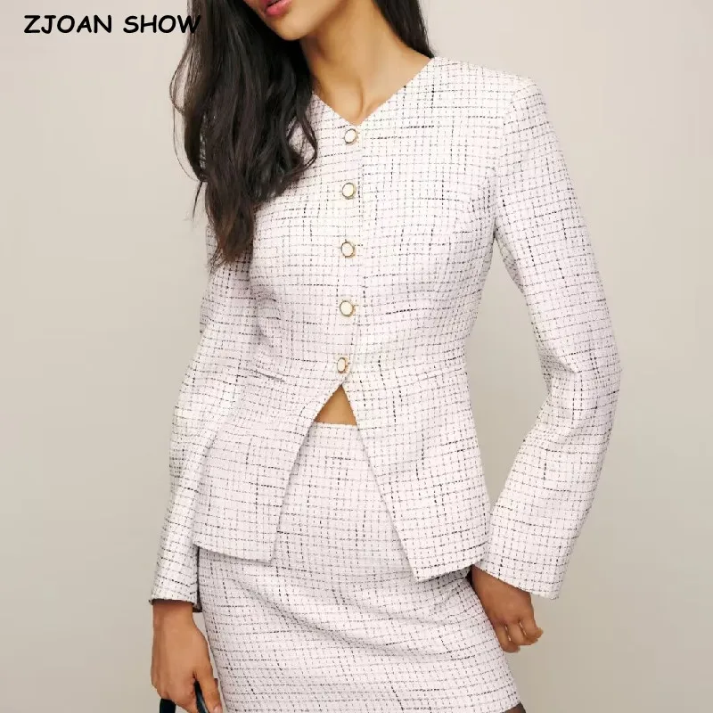 

2024 Spring V collar White Plaid Woven Tweed Blazer Retro Women Slim waist Single-breasted Button Front Back Slit Suit Coat