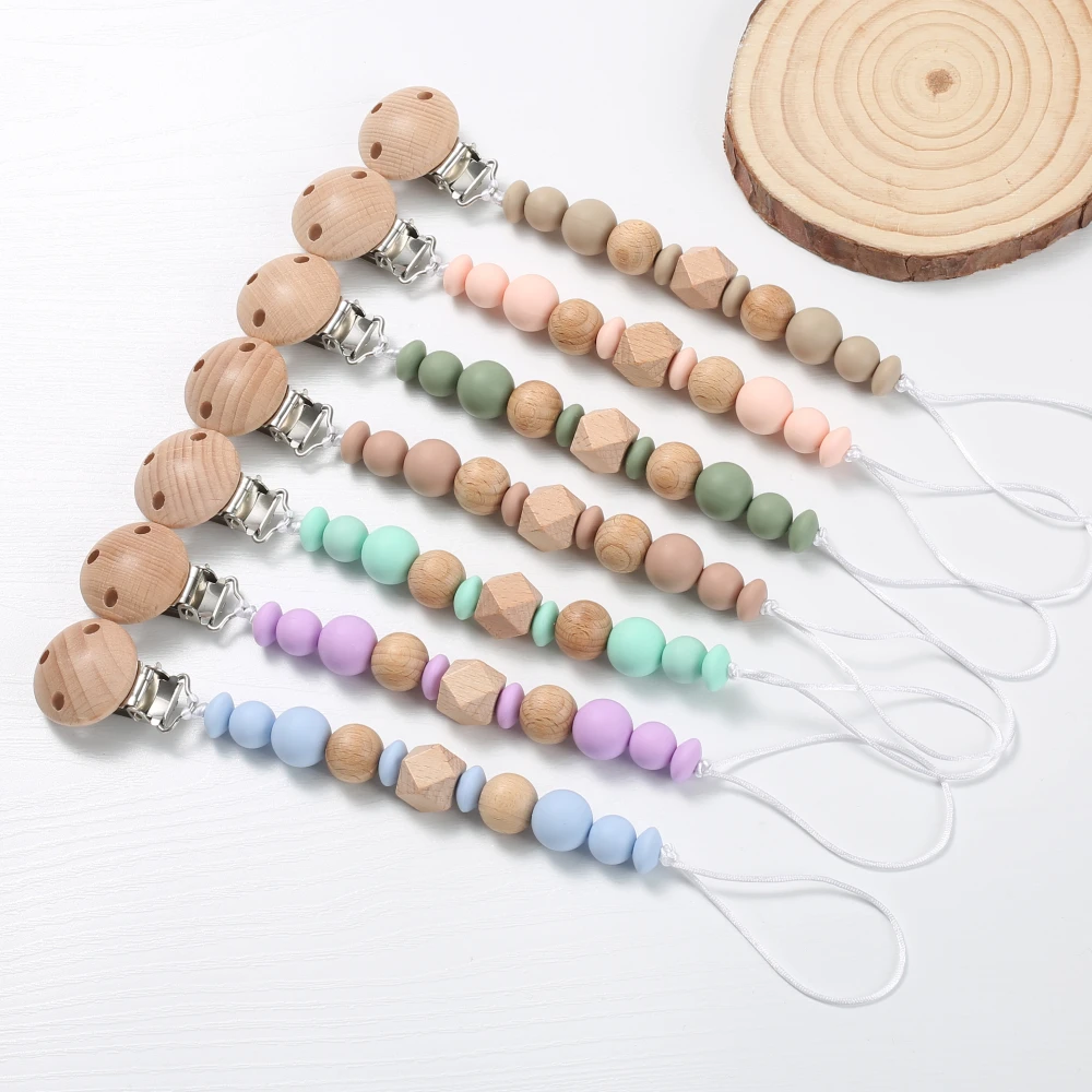 Wood Baby Pacifier Chain Clips Silicone Round Octagonal Beads Teething Chain For Infant Appease Soother Dummy Holder Clip
